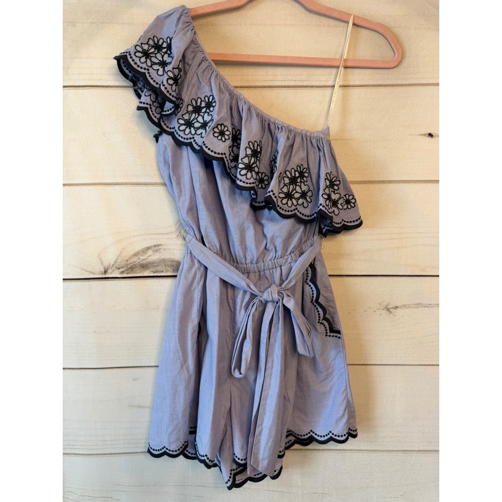 Kate Spade One Shoulder Romper Blue Floral Embroidered Ruffle Scallop Size 4
